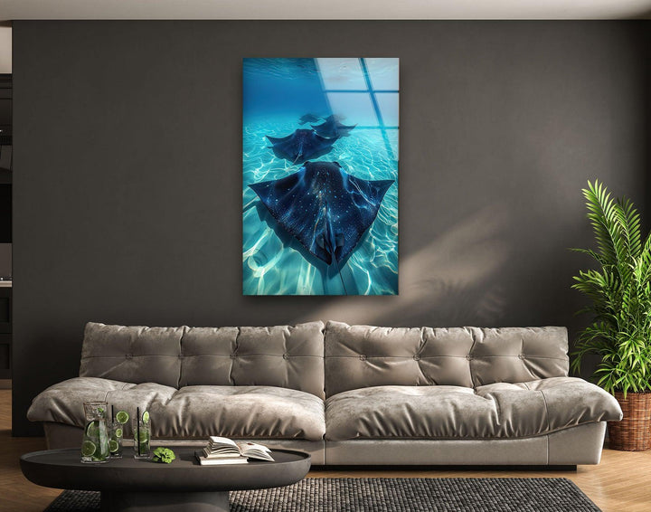 Blue Manta Ray Glass Wall Art custom glass pictures, glass art prints
