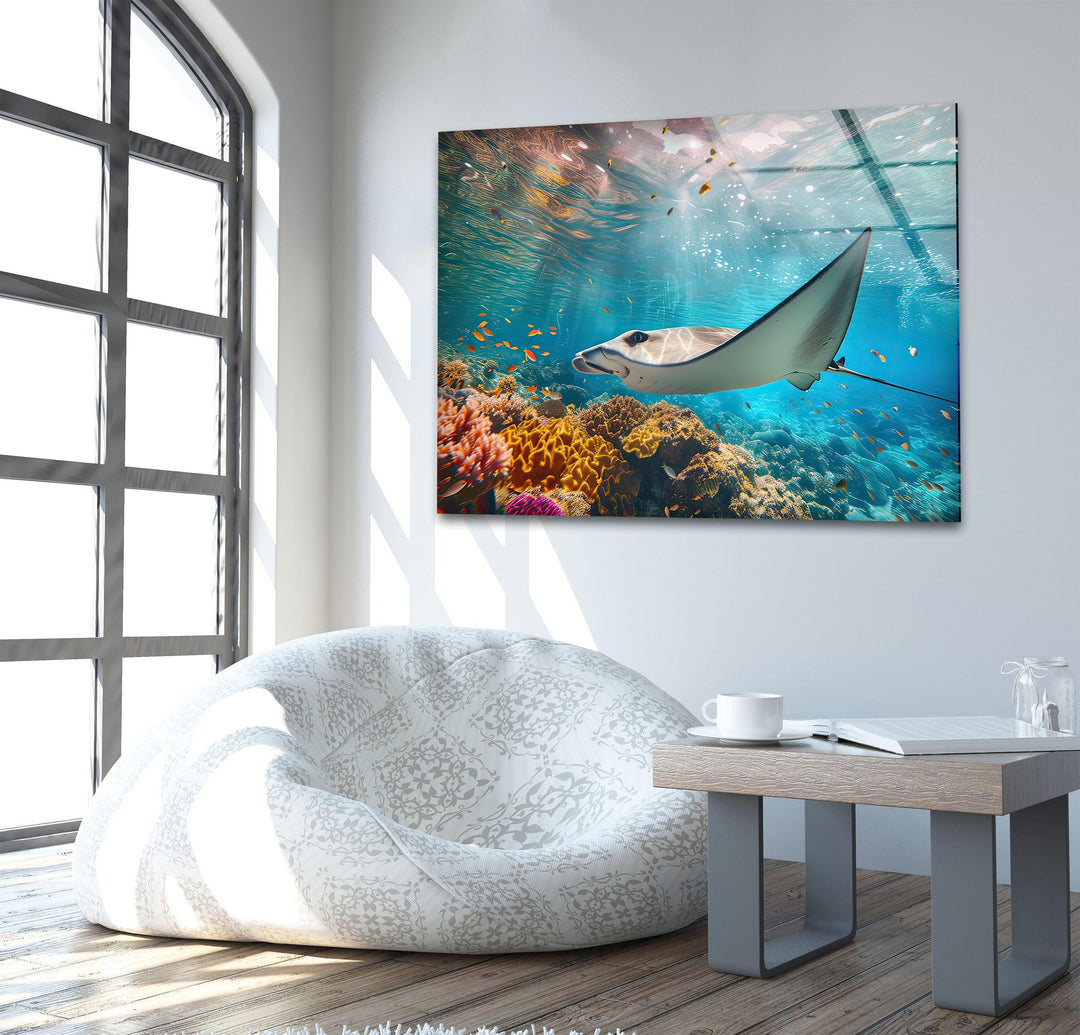 Manta Ray Fish Glass Wall Art custom glass photo prints, large glass prints
