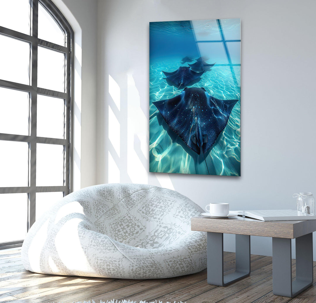 Blue Manta Ray Glass Wall Art large glass photo prints, glass wall photos
