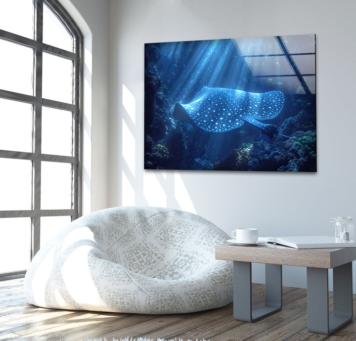 Manta Ray Blue Glass Wall Art custom glass pictures, glass art prints
