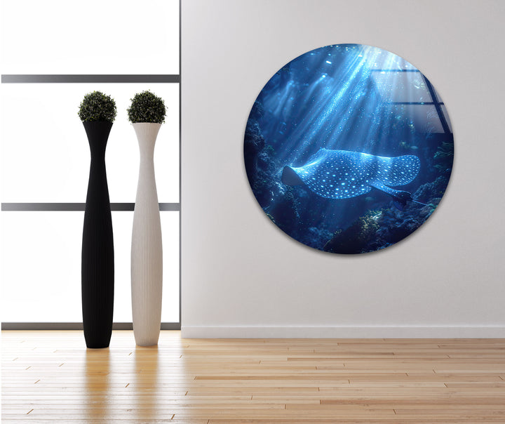 Manta Ray Blue Glass Wall Art photo print on glass, prints on glass wall art
