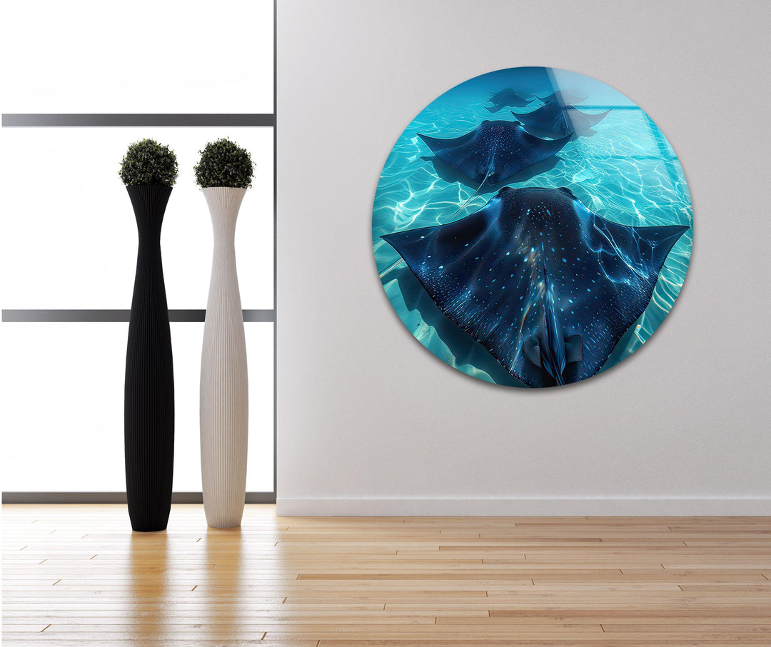 Blue Manta Ray Glass Wall Art custom glass photo prints, large glass prints
