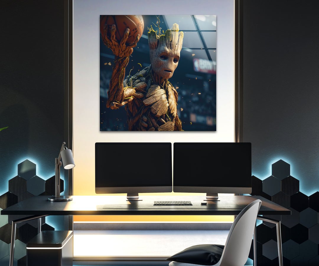 Groot Play Basketball Glass Wall Art, glass pictures for Wall, glass prints wall art