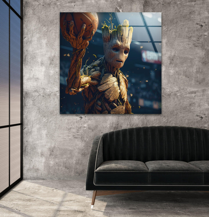 Groot Play Basketball Glass Wall Art, Glass Printing Wall Art, Print photos on glass