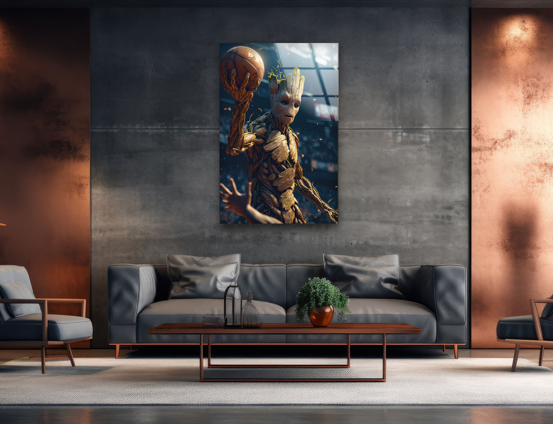 Groot Play Basketball Glass Wall Art, custom glass photo prints, large glass prints