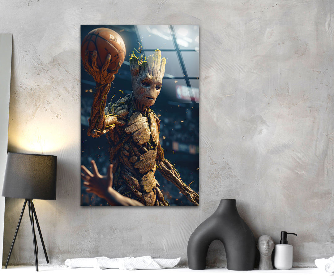 Groot Play Basketball Glass Wall Art, large glass photo prints, glass wall photos