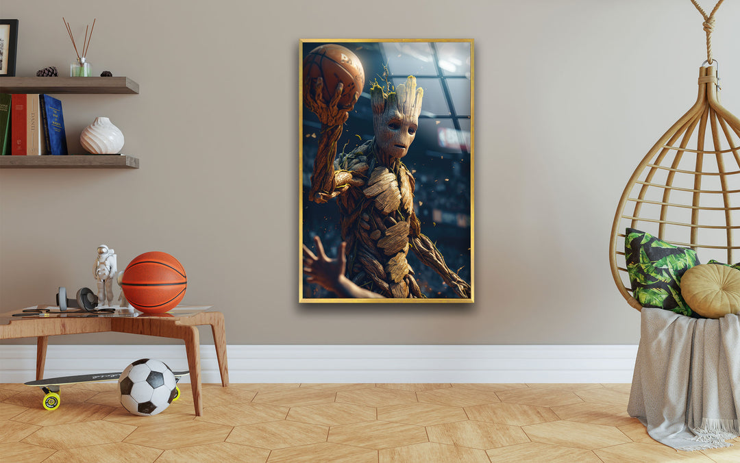 Groot Play Basketball Glass Wall Art, glass art painting, glass art for the Wall