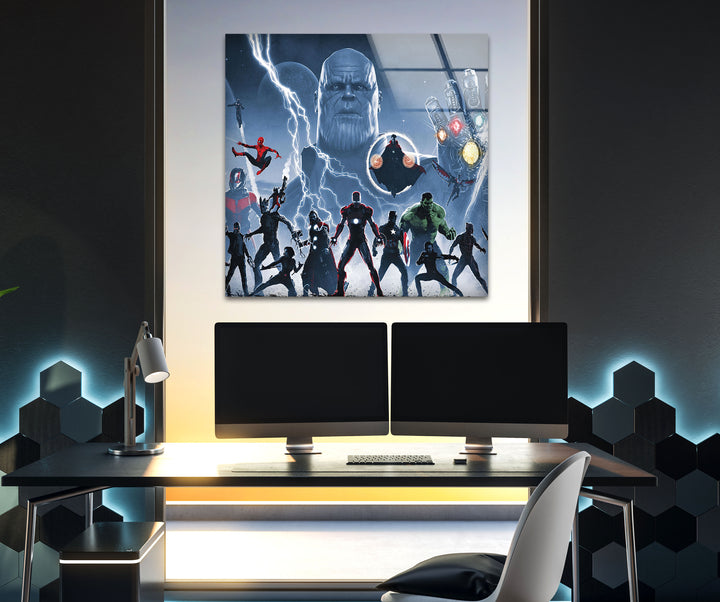 Marvel Avengers vs Thanos Glass Wall Art photo print on glass, prints on glass wall art
