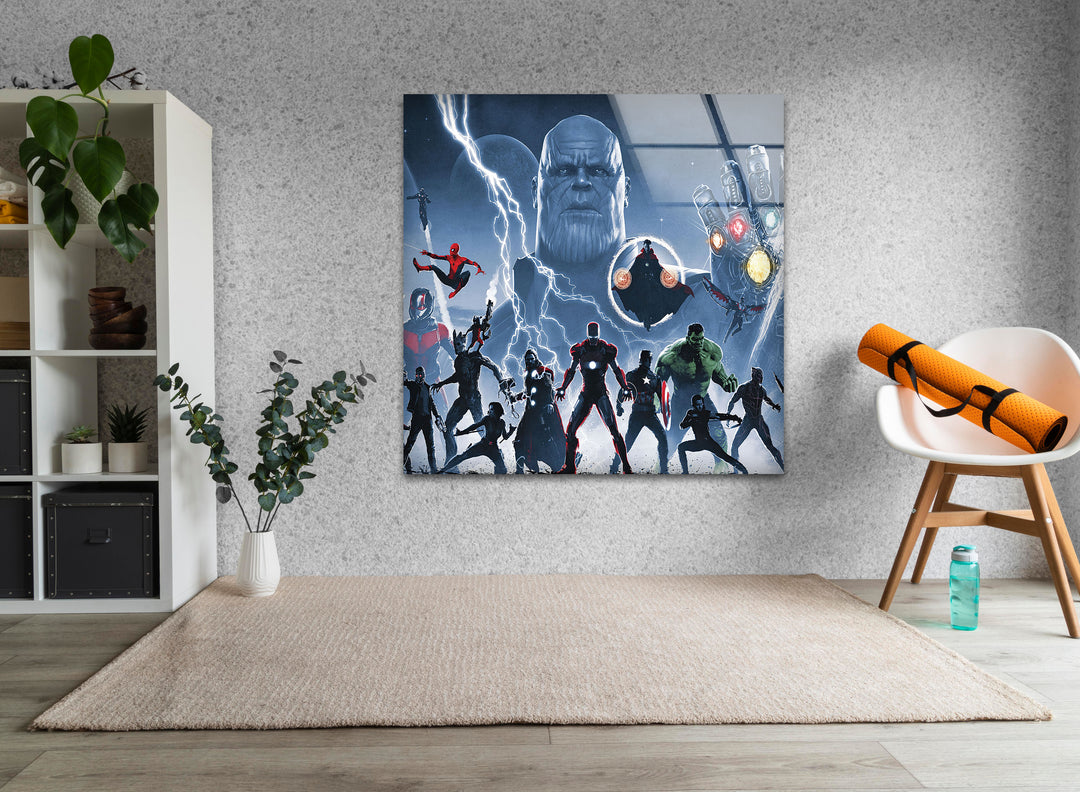 Marvel Avengers vs Thanos Glass Wall Art picture on glass wall art, photos printed on glass
