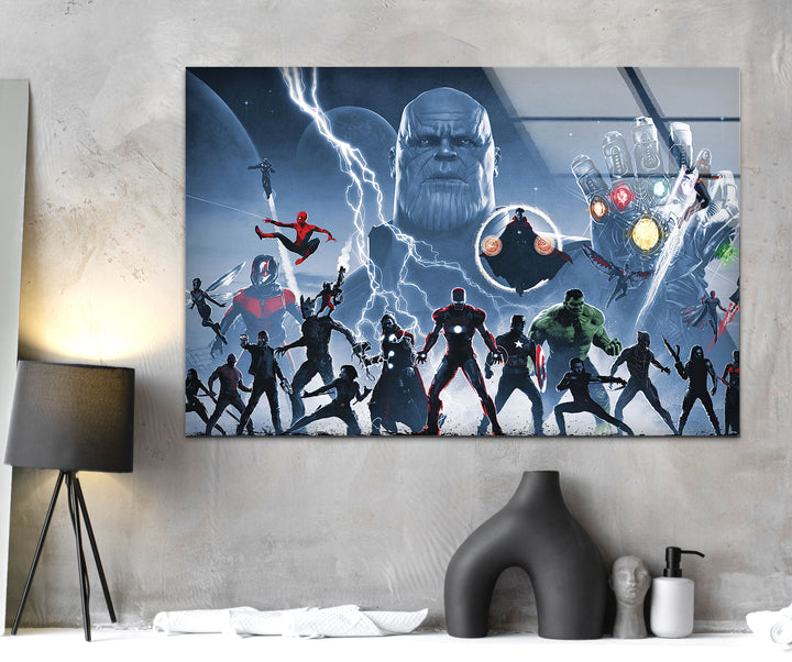 Marvel Avengers vs Thanos Glass Wall Art custom glass photo prints, large glass prints
