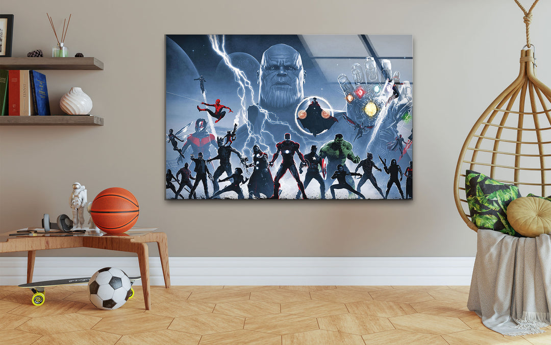 Marvel Avengers vs Thanos Glass Wall Art glass image printing, glass prints from photos
