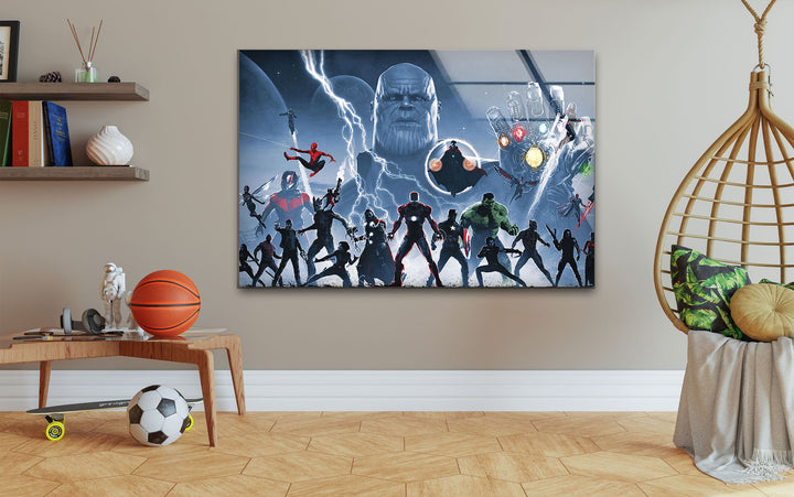 Marvel Avengers vs Thanos Glass Wall Art glass image printing, glass prints from photos
