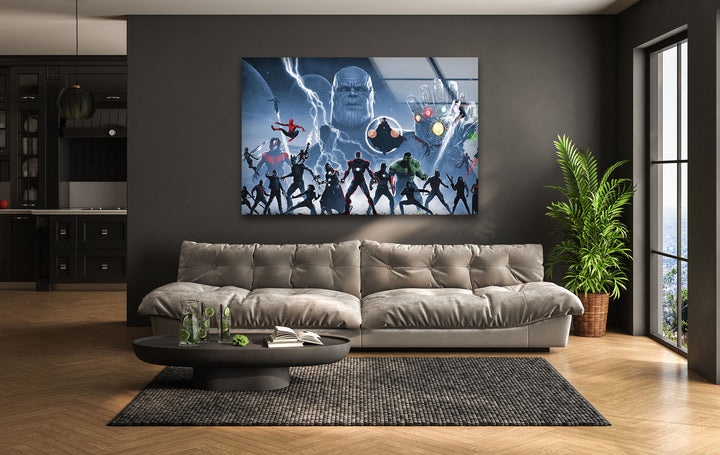 Marvel Avengers vs Thanos Glass Wall Art large glass photo prints, glass wall photos
