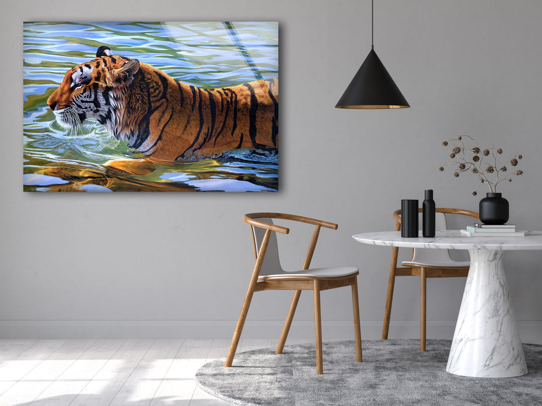 Swimming Tiger Glass Wall Art custom glass pictures, glass art prints