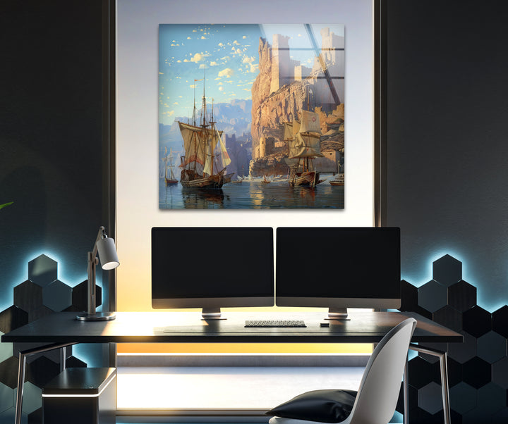 Medieval Ships at The Edge of The Des Glass Wall Art large glass photo prints, glass wall photos
