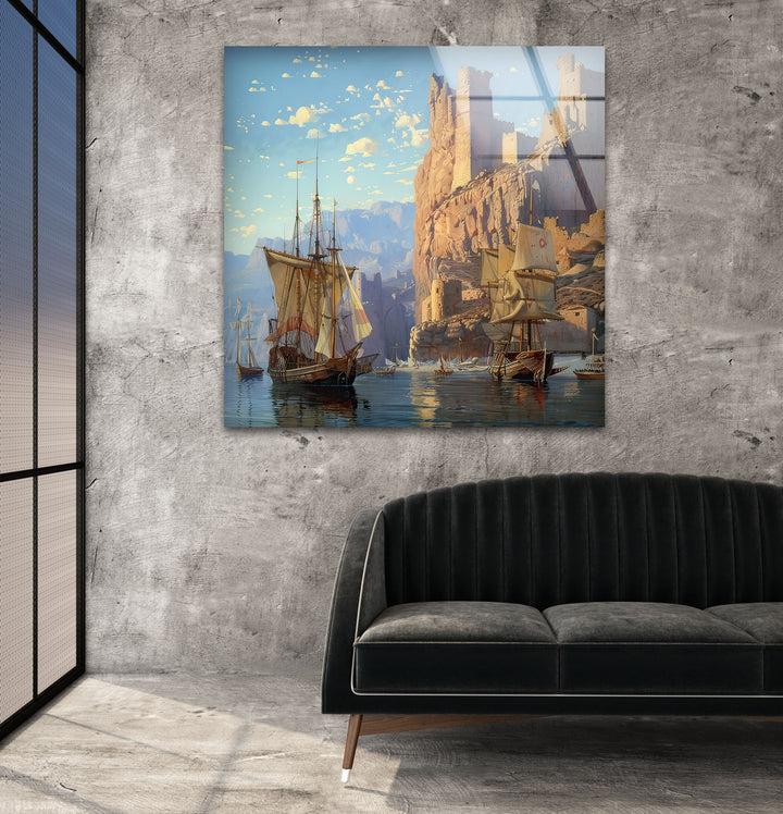 Medieval Ships at The Edge of The Des Glass Wall Art custom glass pictures, glass art prints
