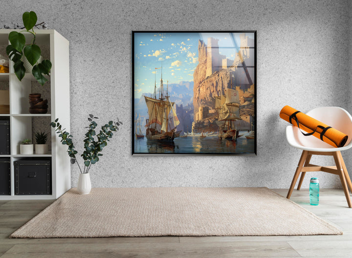 Medieval Ships at The Edge of The Des Glass Wall Art photo print on glass, prints on glass wall art
