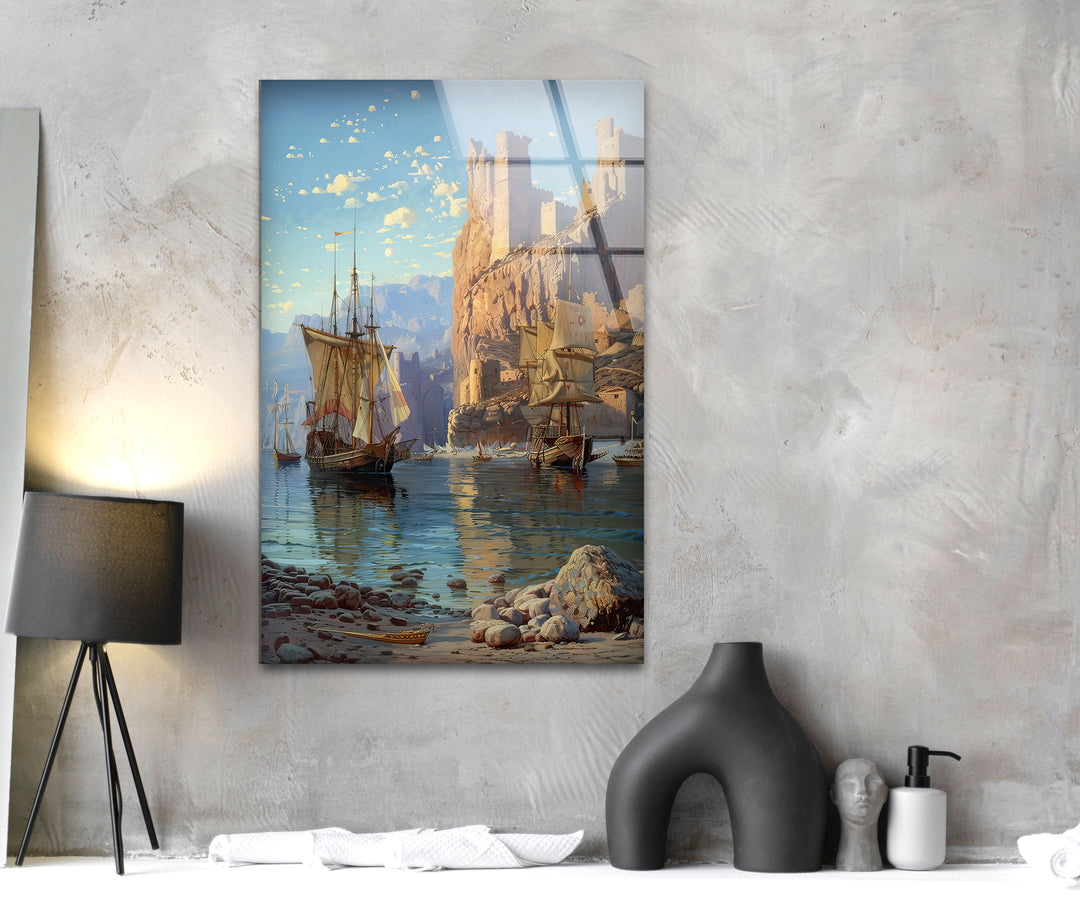 Medieval Ships at The Edge of The Des Glass Wall Art Glass Printing Wall Art, Print photos on glass
