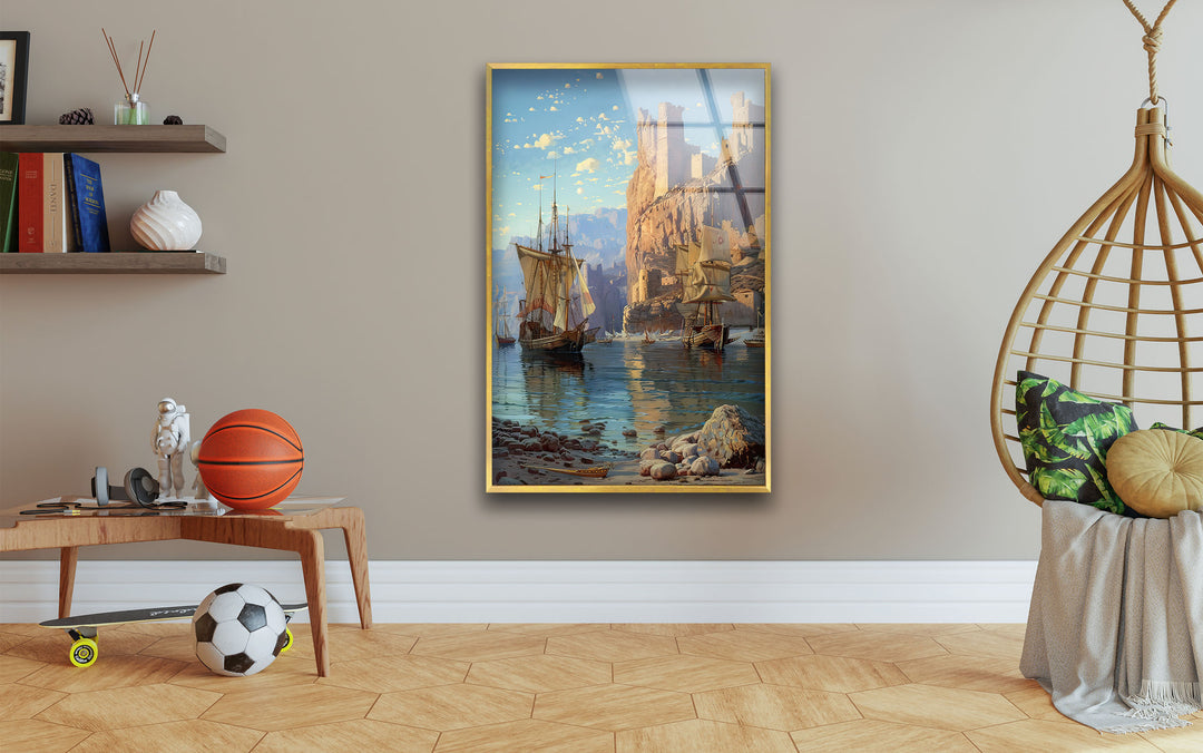 Medieval Ships at The Edge of The Des Glass Wall Art glass photo prints, glass picture prints
