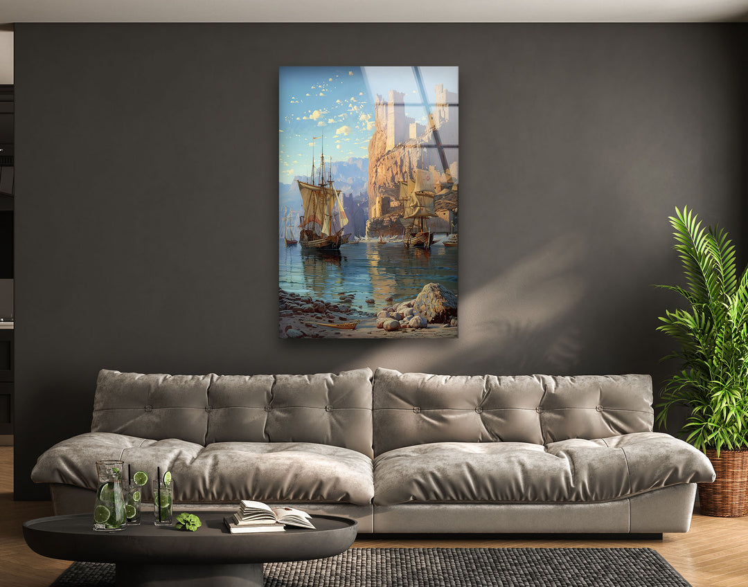 Medieval Ships at The Edge of The Des Glass Wall Art glass art painting, glass art for the Wall
