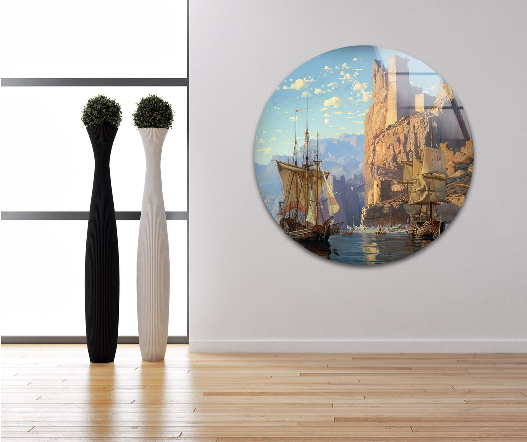 Medieval Ships at The Edge of The Des Glass Wall Art glass pictures for Wall, glass prints wall art
