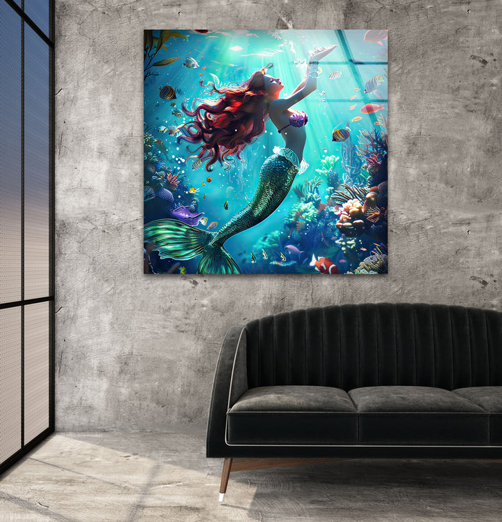 Mermaid Tropical Glass Wall Art print picture on glass, Tempered Glass Wall Art
