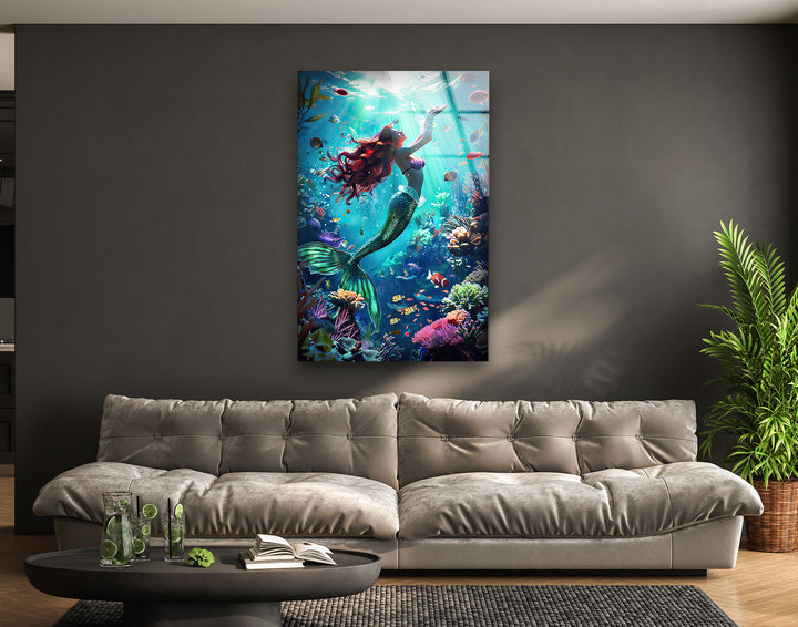 Mermaid Tropical Glass Wall Art print on glass, glass printed photos
