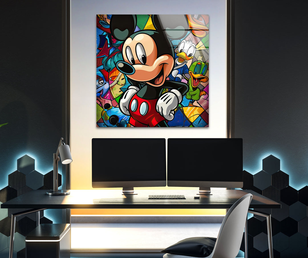 Mickey Mouse with His Friends Glass Wall Art glass art painting, glass art for the Wall
