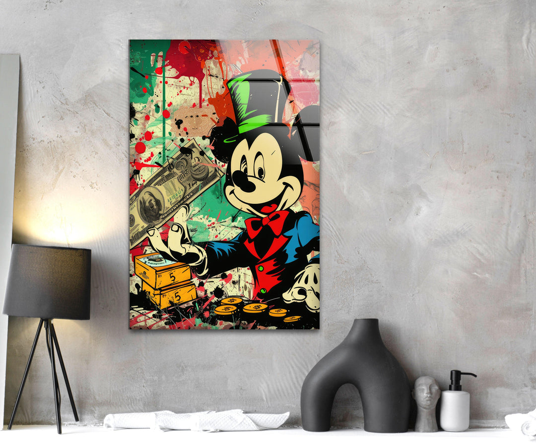 Mickey Mouse Dollars Glass Wall Art, picture on glass wall art, photos printed on glass