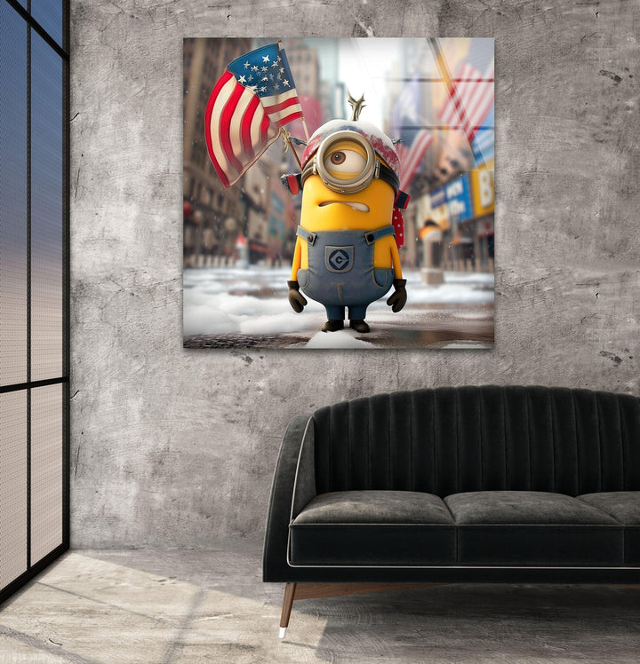 Minion and American Flag  Photo on Glass Home Decor