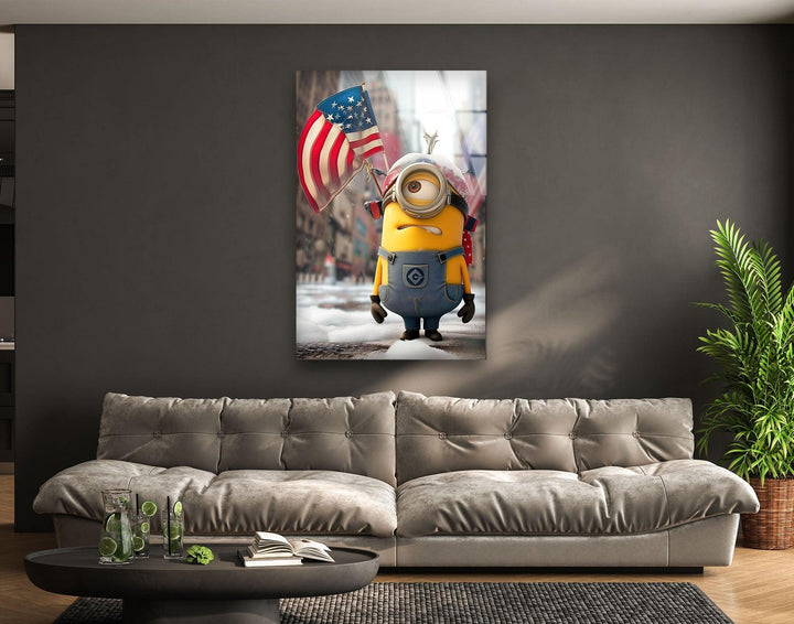 Minion and American Flag Tempered Glass Wall Art