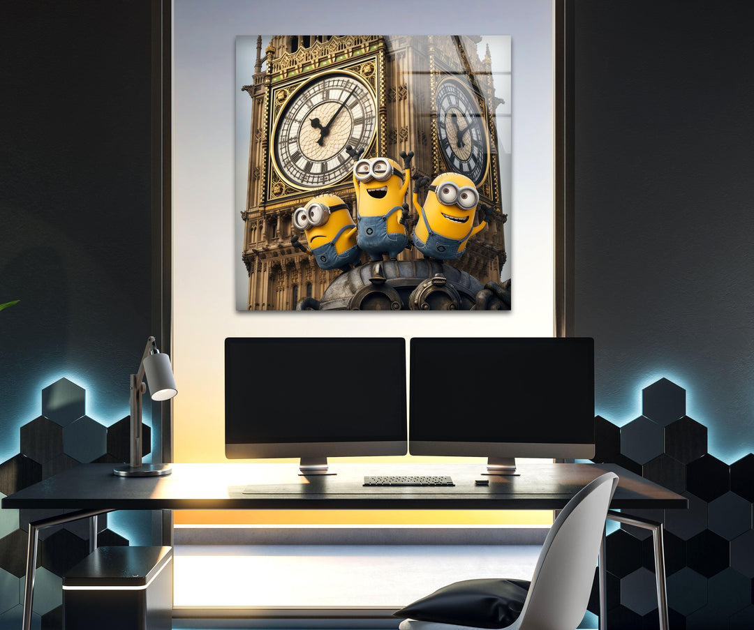 Clock Tower Minions Glass Wall Art, custom glass photo prints, large glass prints