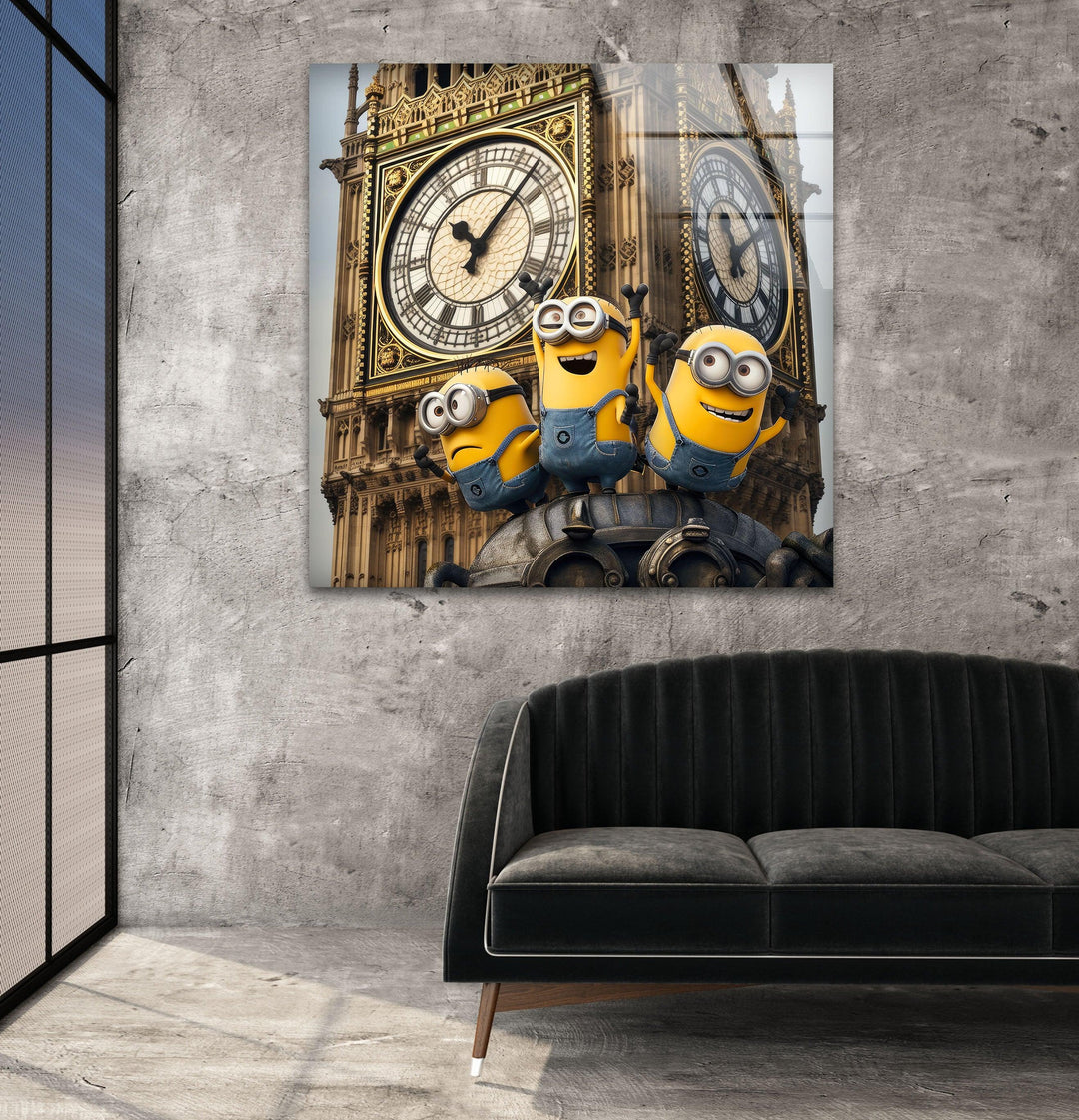 Clock Tower Minions Glass Wall Art, photo print on glass, prints on glass wall art