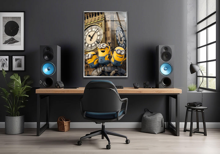 Clock Tower Minions Glass Wall Art, custom glass pictures, glass art prints