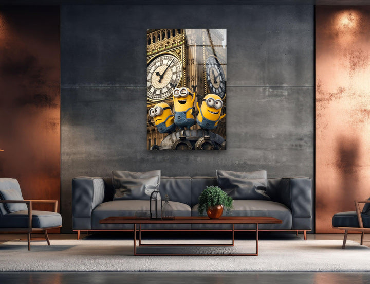 Clock Tower Minions Glass Wall Art, glass art painting, glass art for the Wall