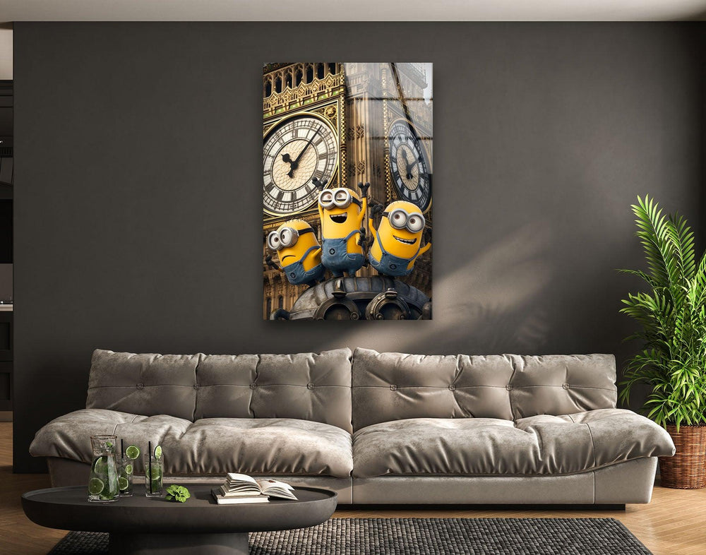 Clock Tower Minions Glass Wall Art, picture on glass wall art, photos printed on glass