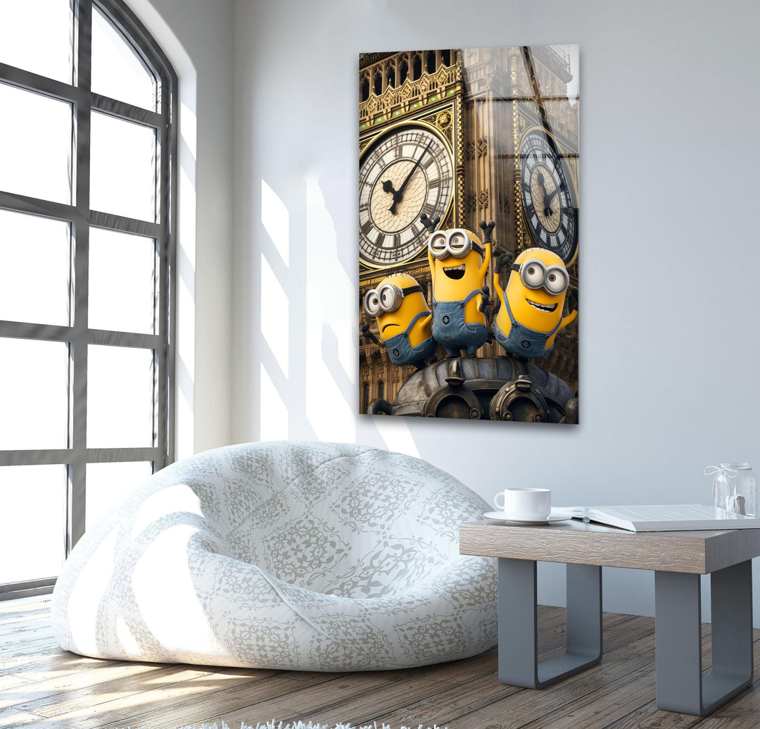 Clock Tower Minions Glass Wall Art, large glass photo prints, glass wall photos