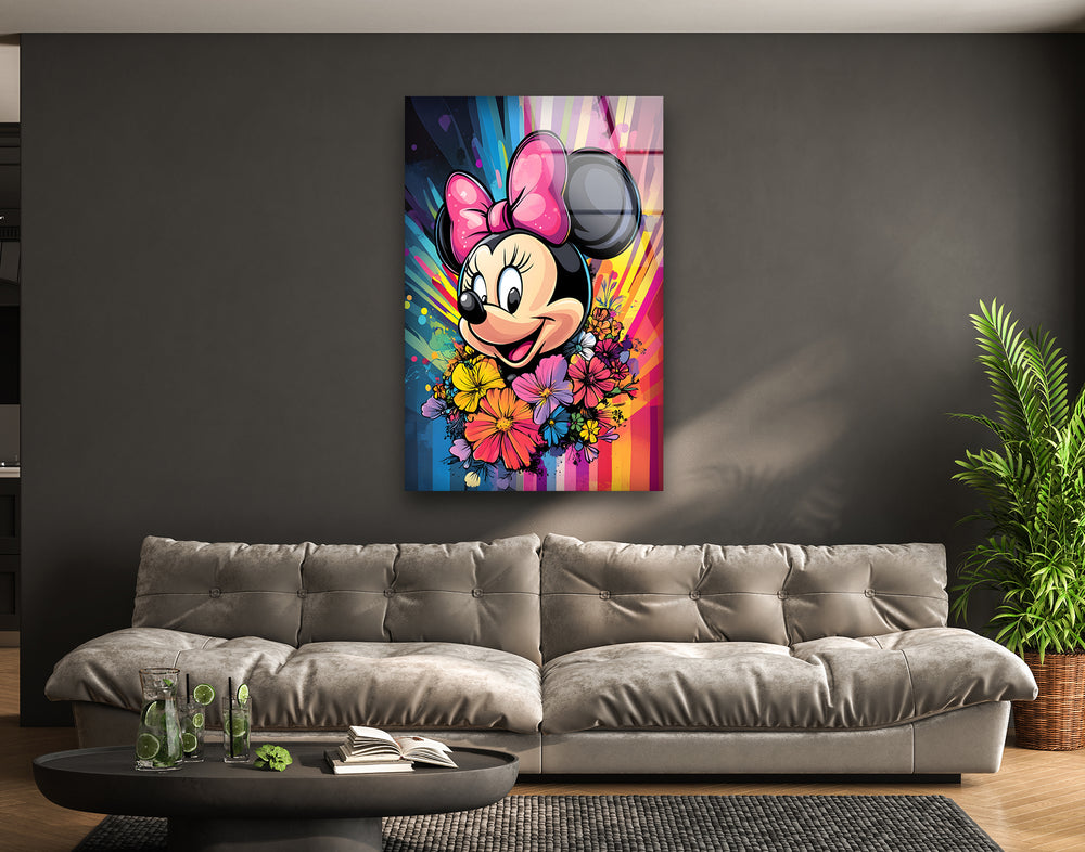 Minnie Mouse In Front Of Rainbow Glass Wall Art custom glass photo prints, large glass prints
