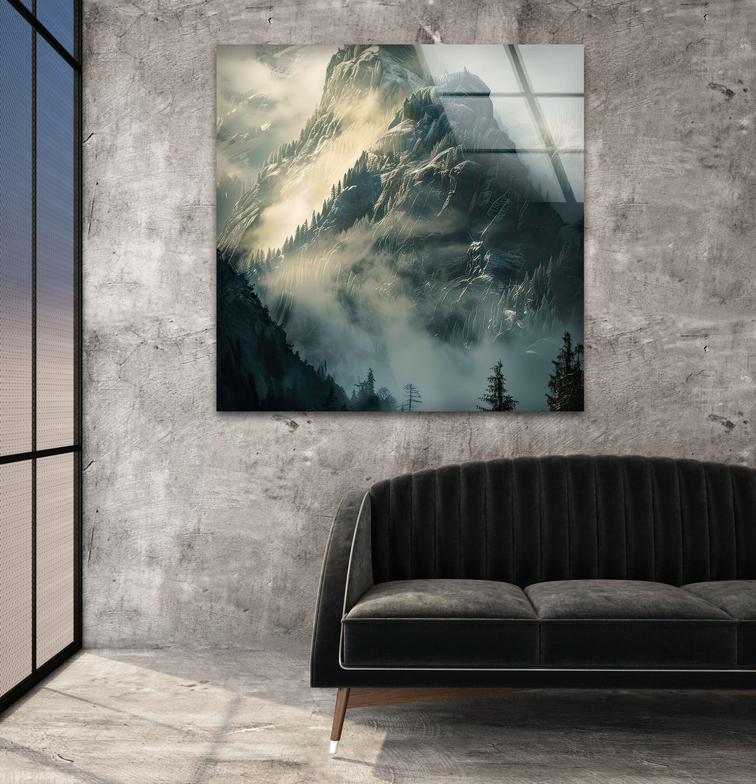 Foggy Misty Mountain Glass Wall Art print picture on glass, Tempered Glass Wall Art
