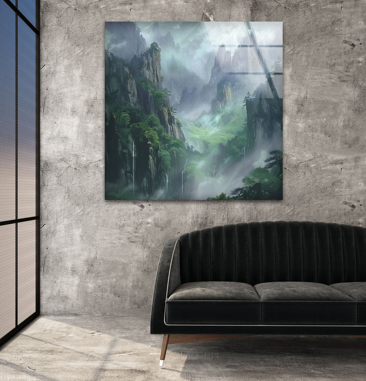 Misty & Foggy Mountains Glass Wall Art photo print on glass, prints on glass wall art
