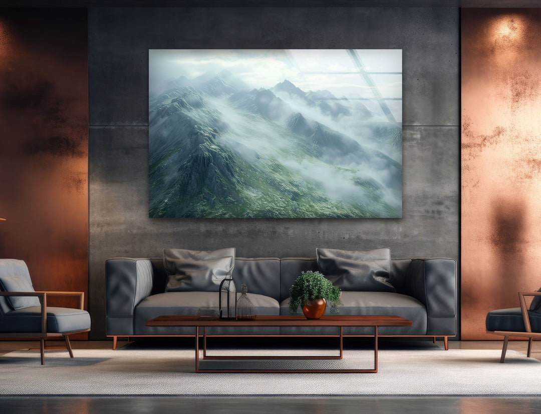 Misty & Foggy Mountain Glass Wall Art photo print on glass, prints on glass wall art
