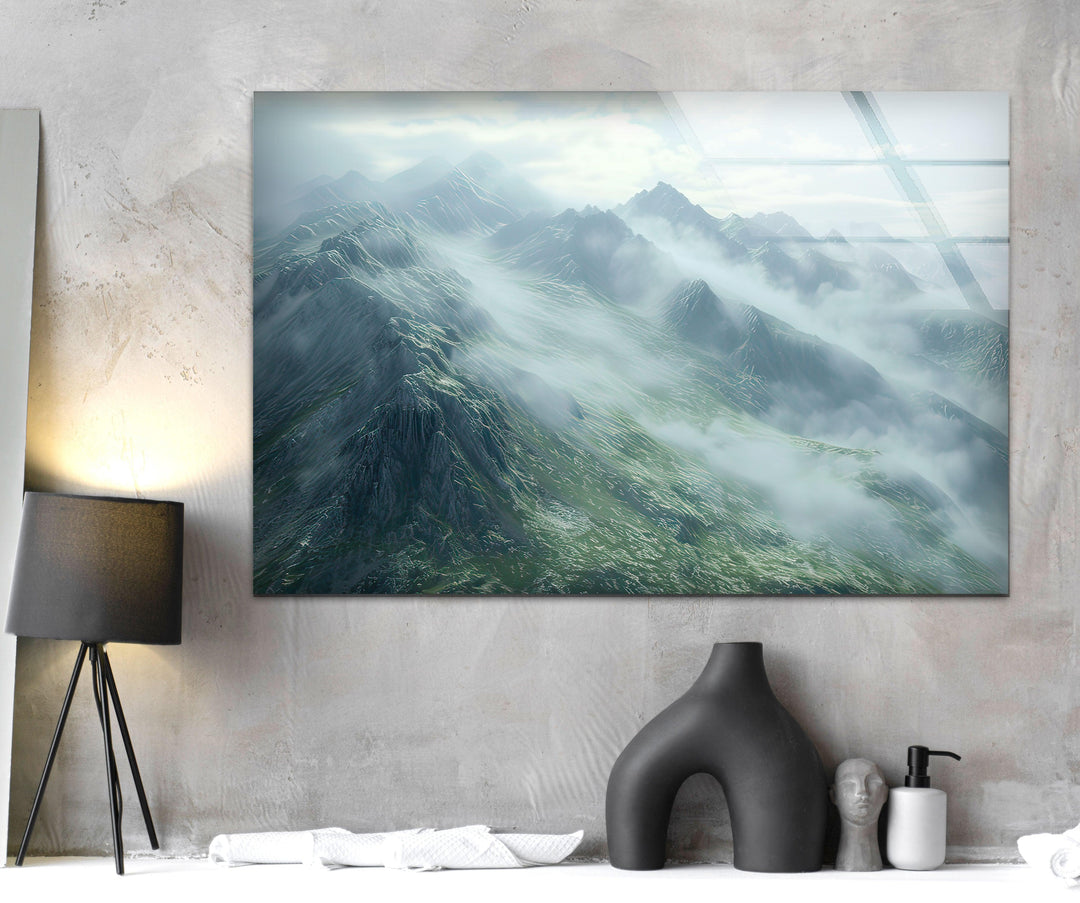 Misty & Foggy Mountain Glass Wall Art large glass photo prints, glass wall photos
