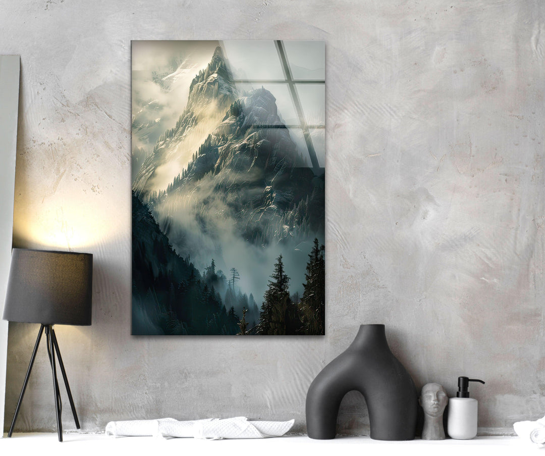 Foggy Misty Mountain Glass Wall Art large glass photo prints, glass wall photos
