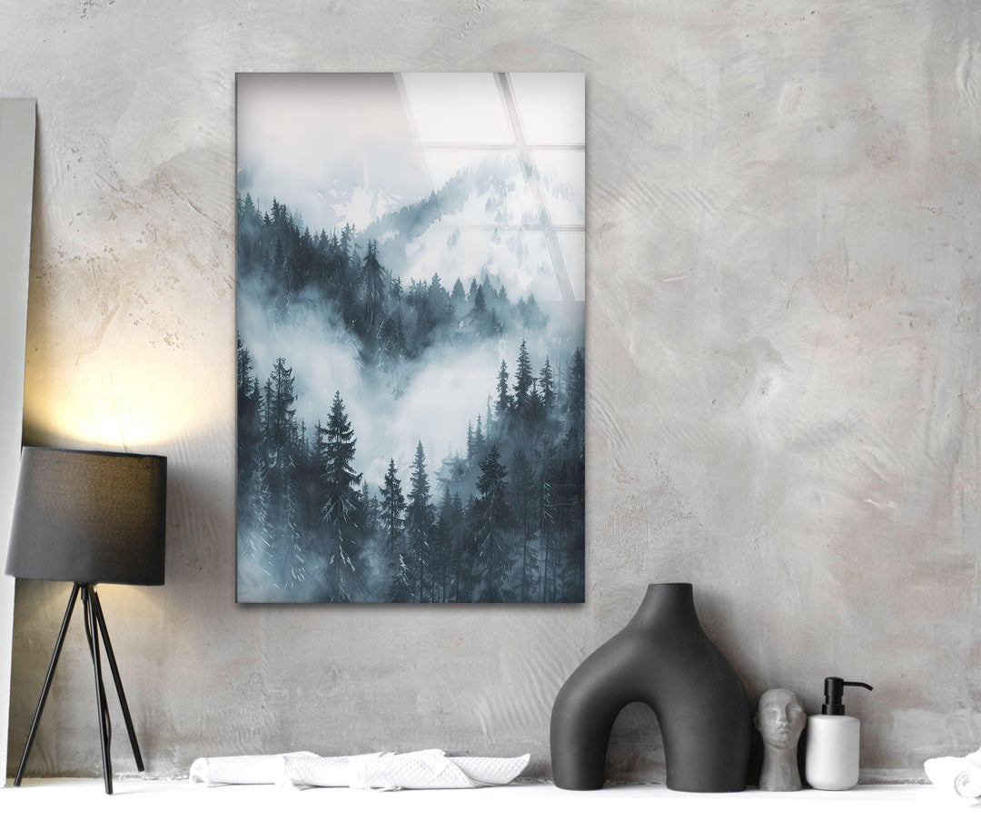 Misty Mountain Snowy Glass Wall Art custom glass photo prints, large glass prints
