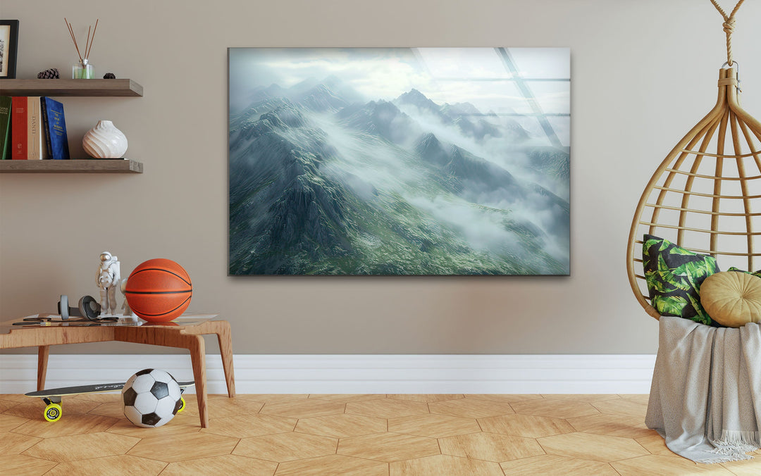 Misty & Foggy Mountain Glass Wall Art custom glass photo prints, large glass prints
