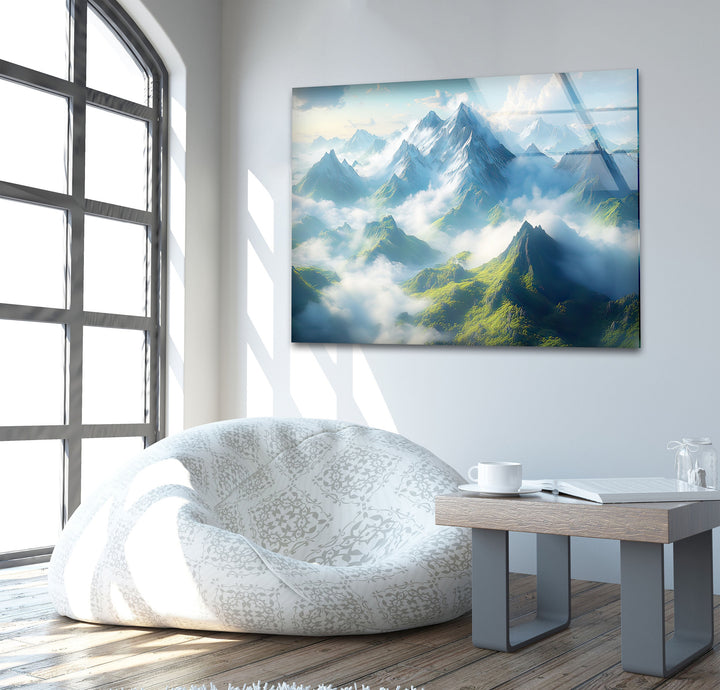 Misty Mountain Landscape Glass Wall Art picture on glass wall art, photos printed on glass
