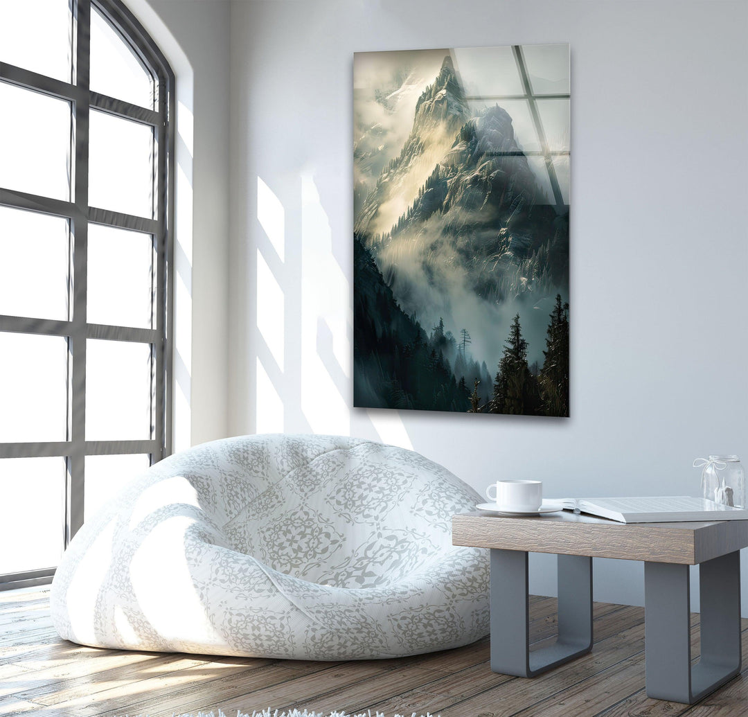 Foggy Misty Mountain Glass Wall Art picture on glass wall art, photos printed on glass
