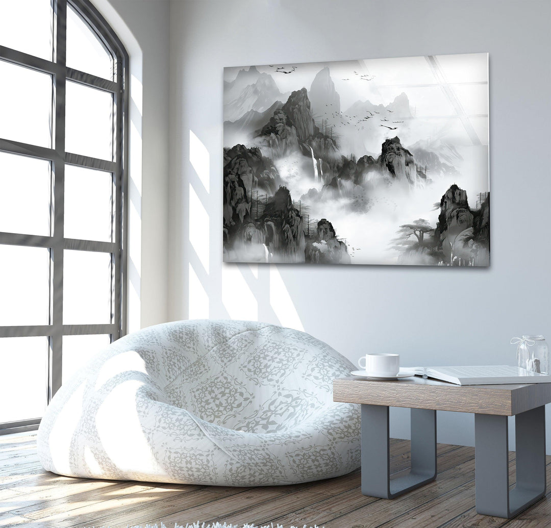 Foggy & Misty Mountain Glass Wall Art print picture on glass, Tempered Glass Wall Art
