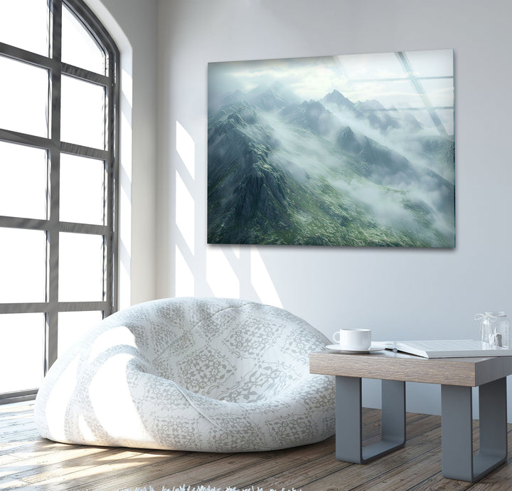 Misty & Foggy Mountain Glass Wall Art picture on glass wall art, photos printed on glass
