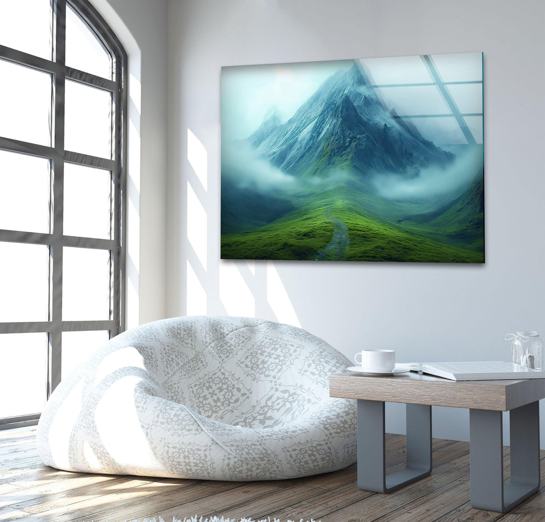 Misty Mountain Glass Wall Art print on glass, glass printed photos
